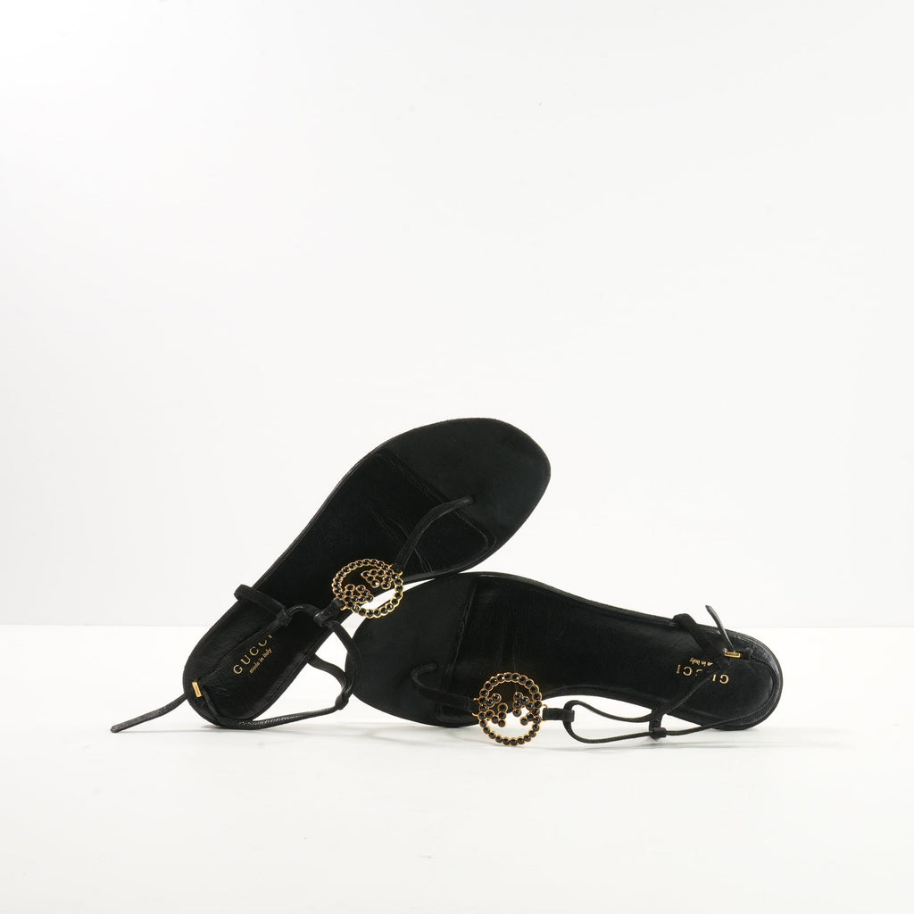 Black Gucci Velvet String Sandals 38 1/2 W/Dustbag
