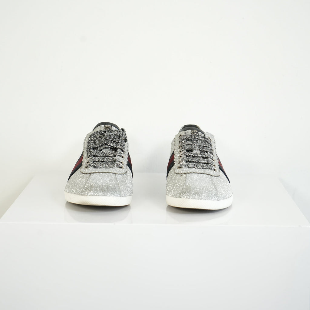Gucci Silver Glitter Web Sneakers Size 39