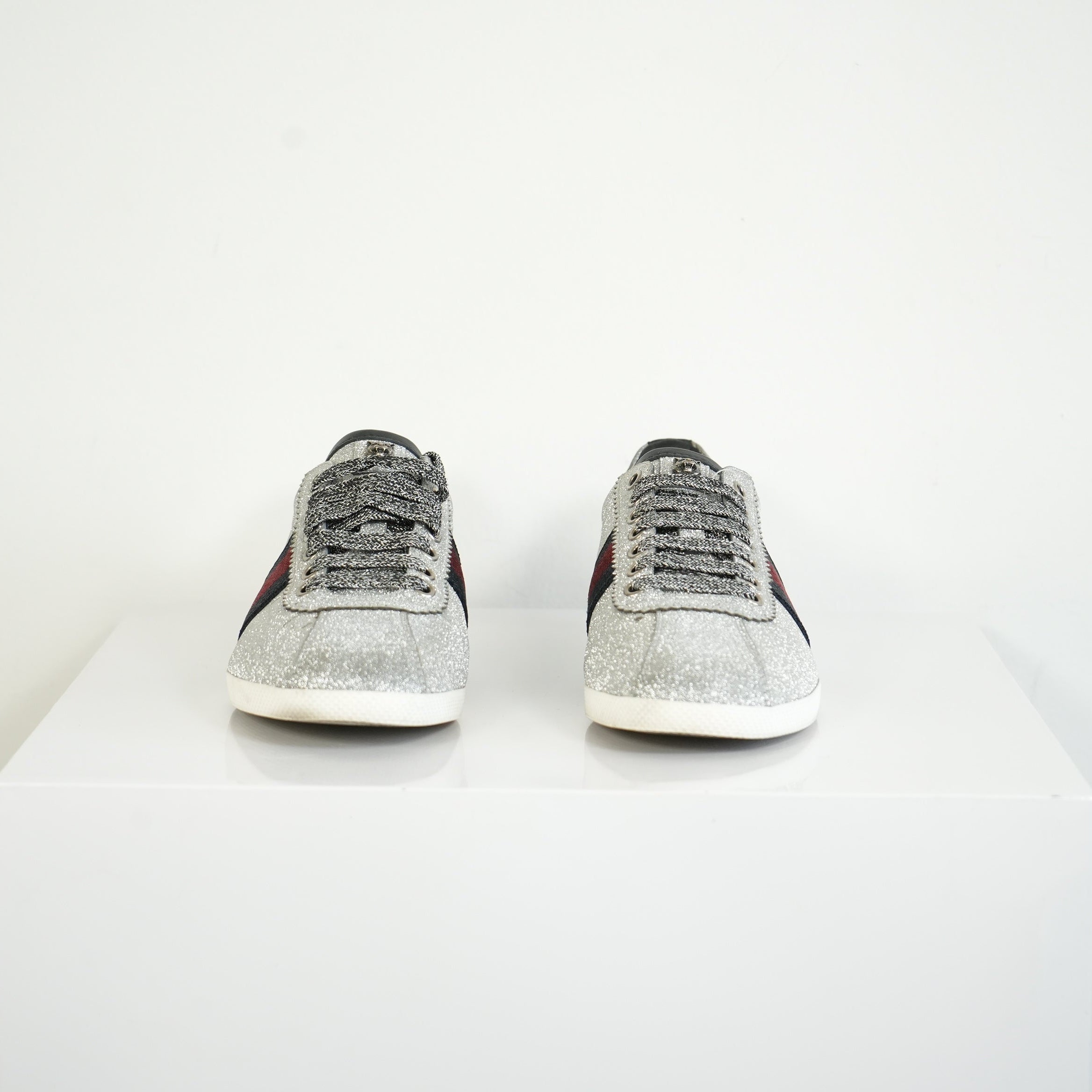 Gucci Silver Glitter Web Sneakers Size 39
