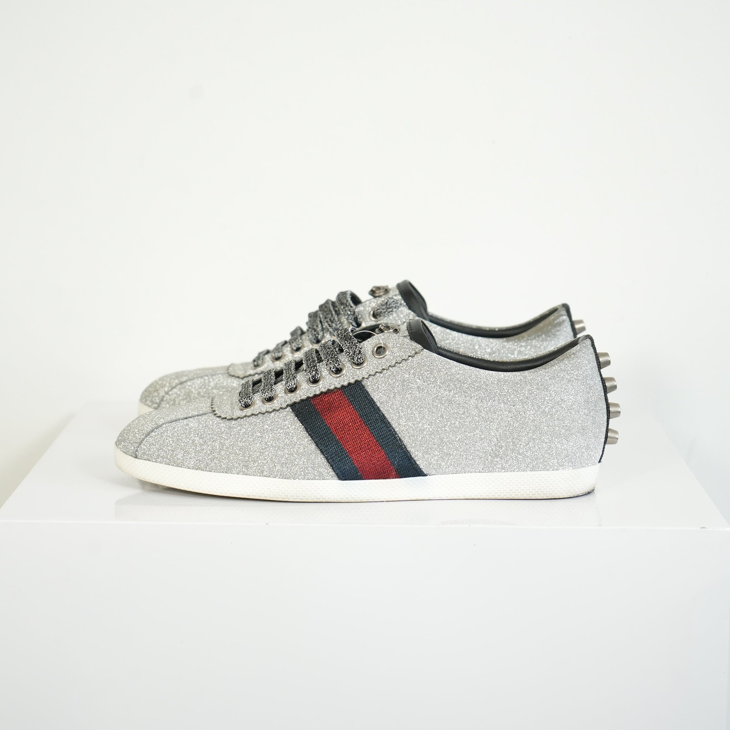 Gucci Silver Glitter Web Sneakers Size 39