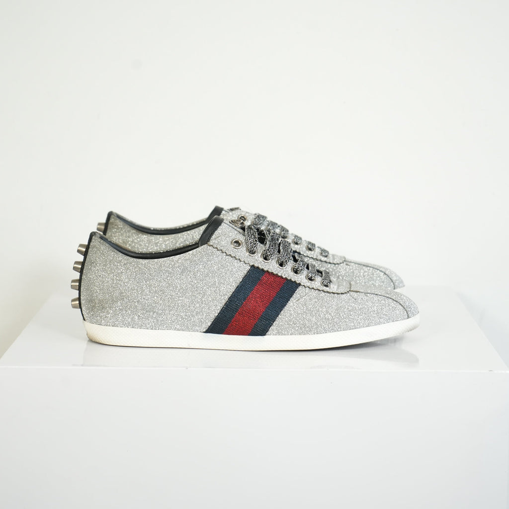 Gucci Silver Glitter Web Sneakers Size 39