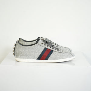 Gucci Silver Glitter Web Sneakers Size 39