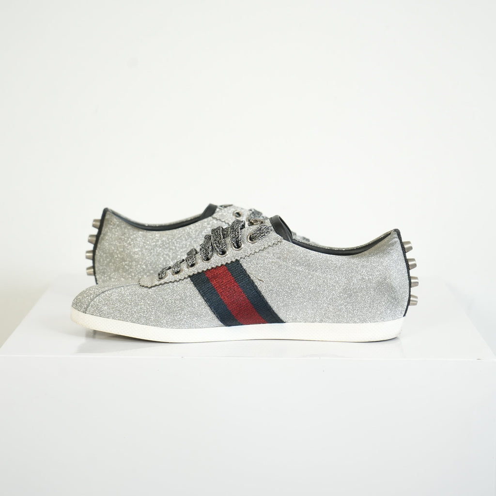 Gucci Silver Glitter Web Sneakers Size 39