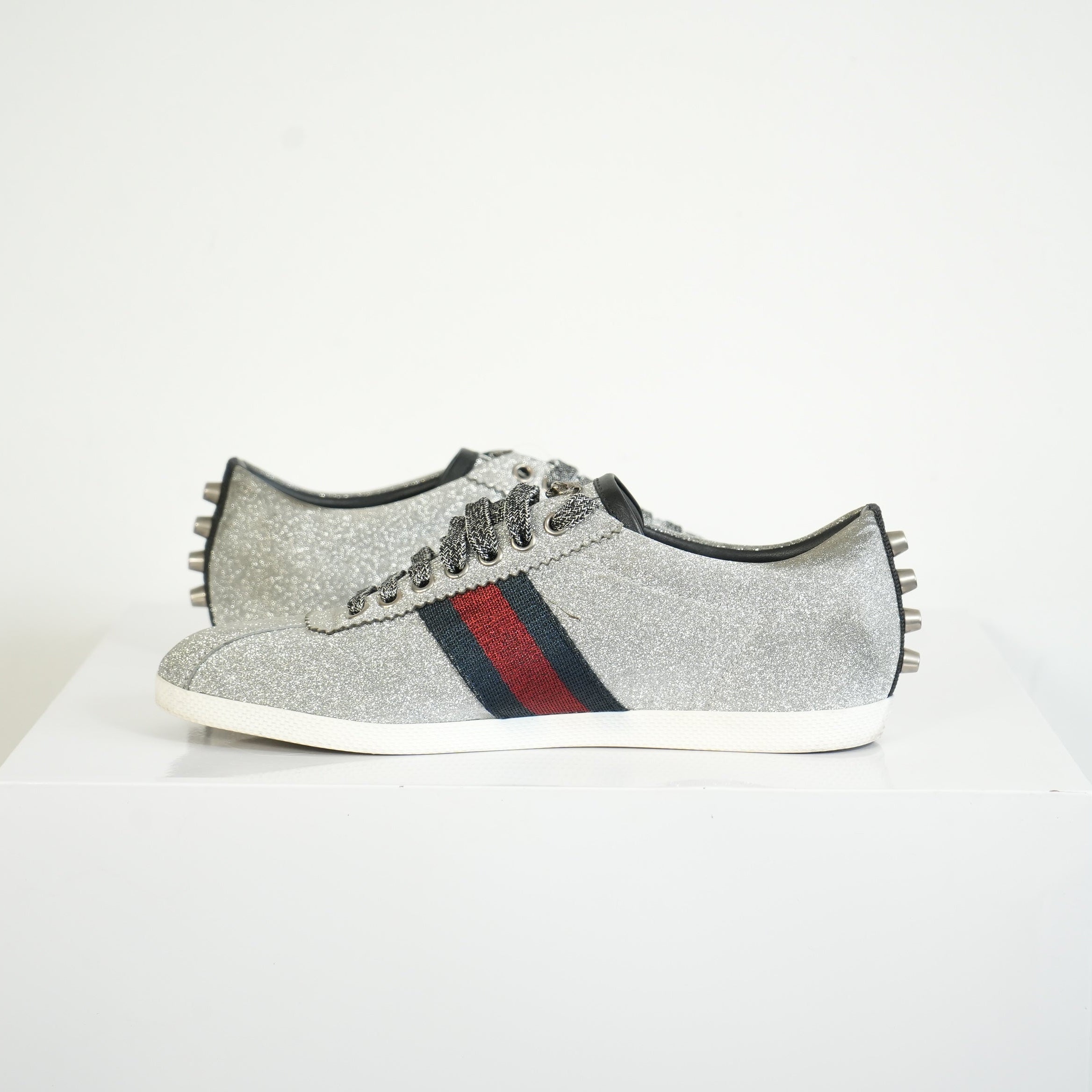 Gucci Silver Glitter Web Sneakers Size 39