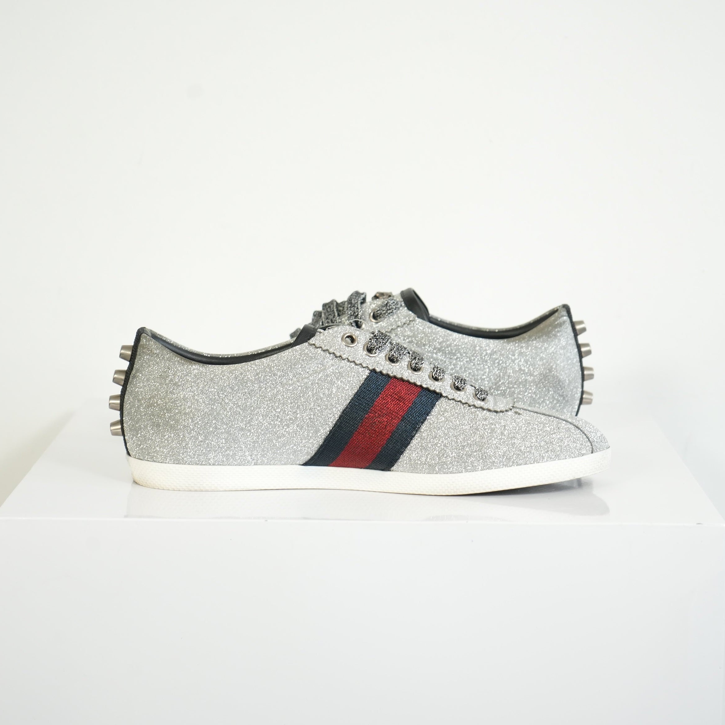 Gucci Silver Glitter Web Sneakers Size 39