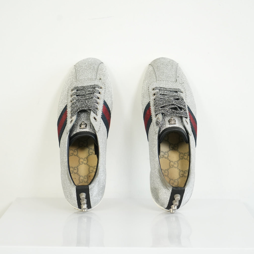 Gucci Silver Glitter Web Sneakers Size 39