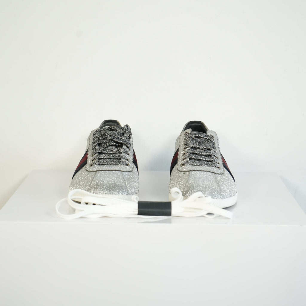 Gucci Silver Glitter Web Sneakers Size 39