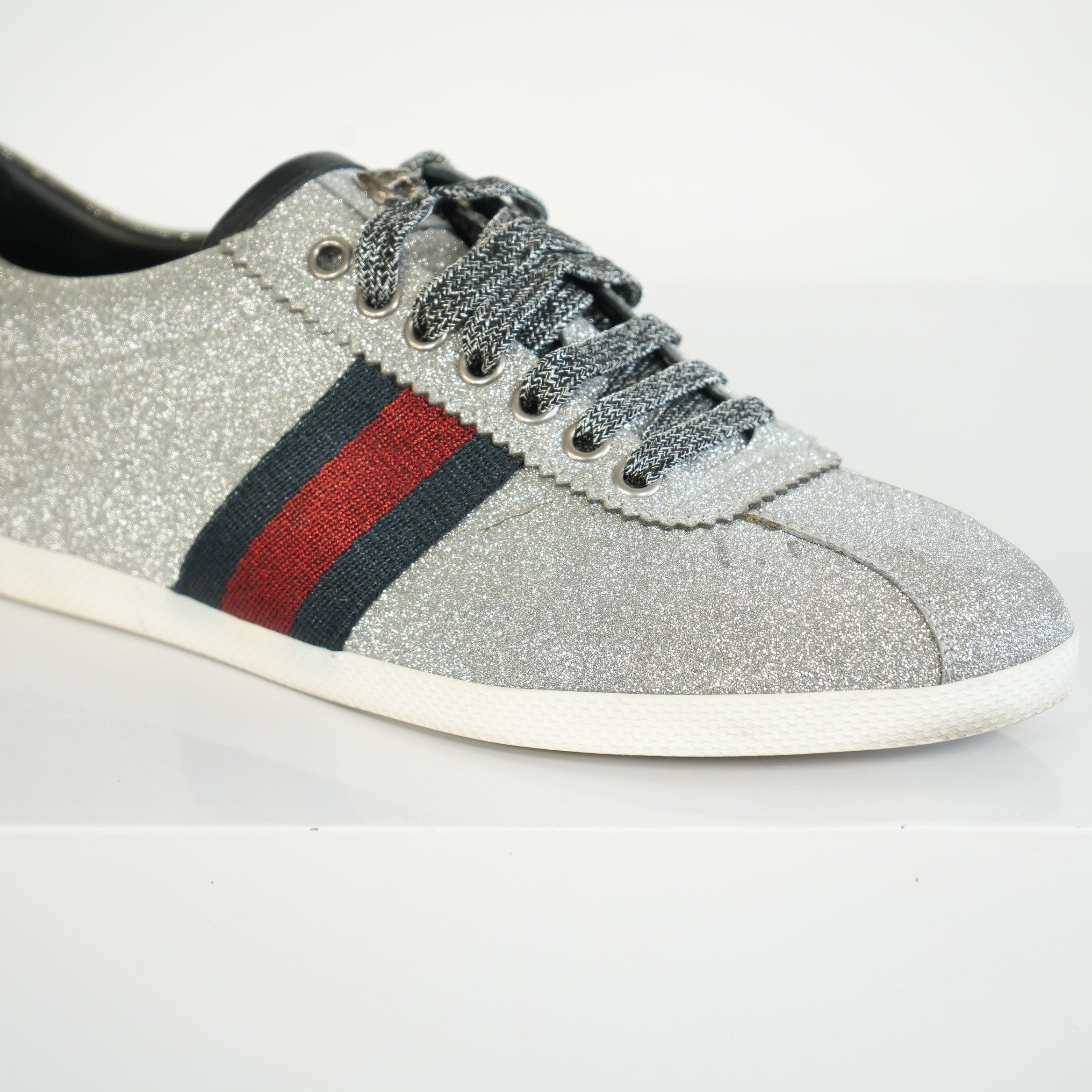 Gucci Silver Glitter Web Sneakers Size 39