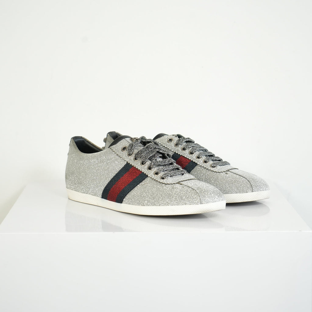 Gucci Silver Glitter Web Sneakers Size 39
