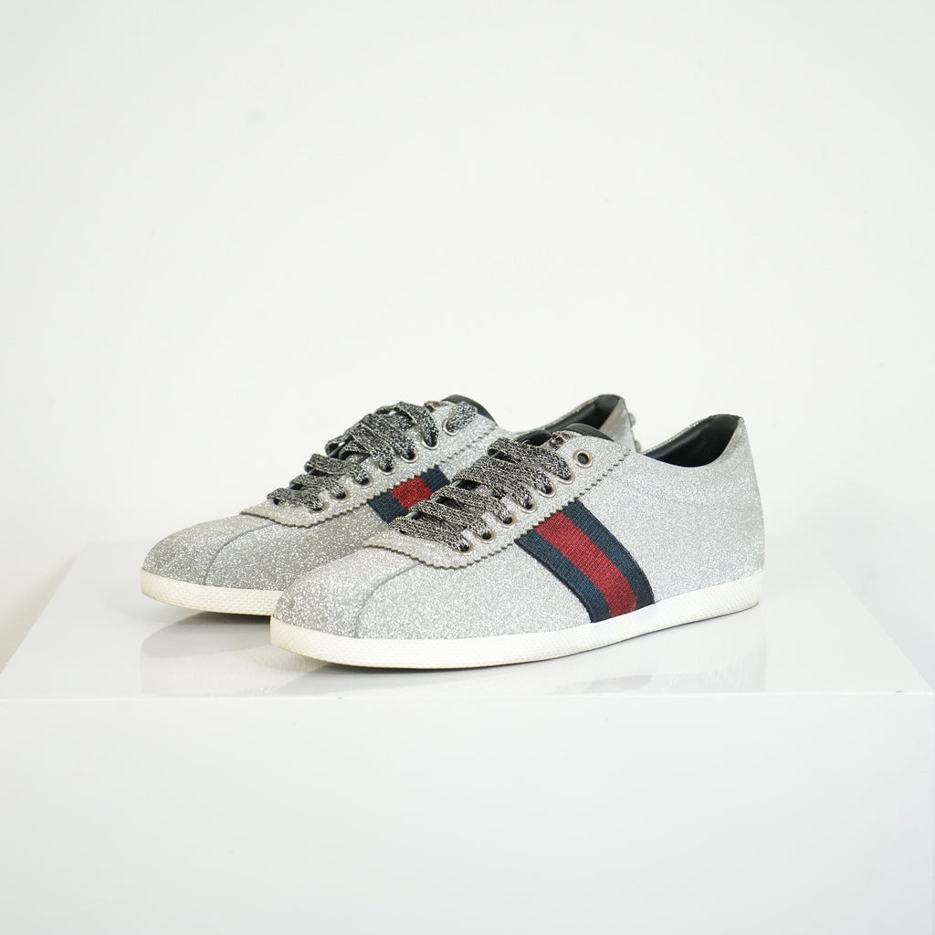 Gucci Silver Glitter Web Sneakers Size 39