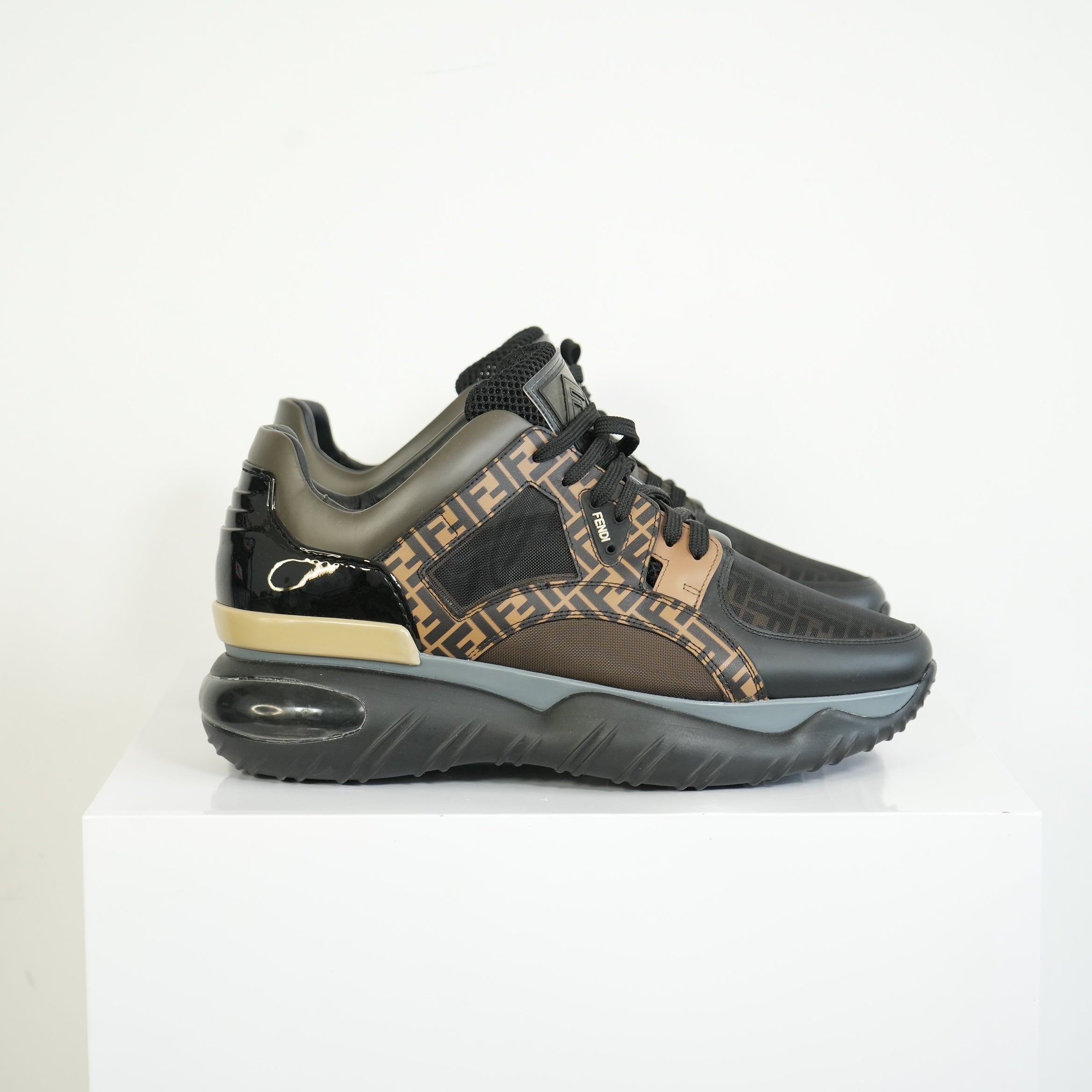 Fendi Black and Brown Zucca Monogram, Mesh and Patent Leather