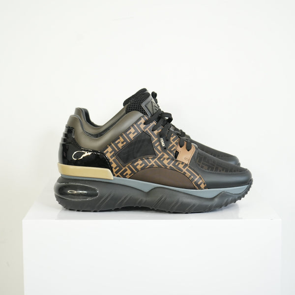 Fendi Black and Brown Zucca Monogram, Mesh and Patent Leather Chunky Sneakers Size 10 1/2