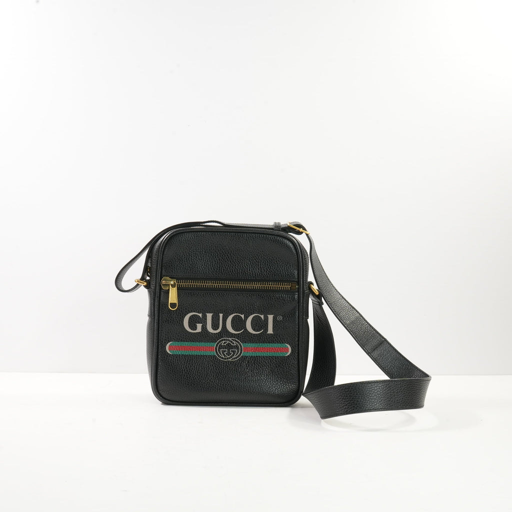 Gucci Black Grained Calffskin Leather Logo Print Messanger Bag