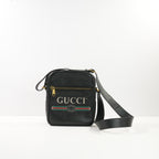 Gucci Black Grained Calffskin Leather Logo Print Messanger Bag