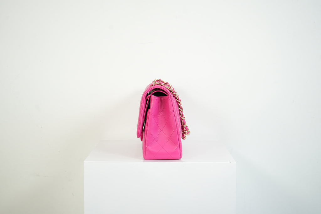 Chanel Hot Pink Quilted Lambskin Classic Double Flap Bag Gold Hardware Medium