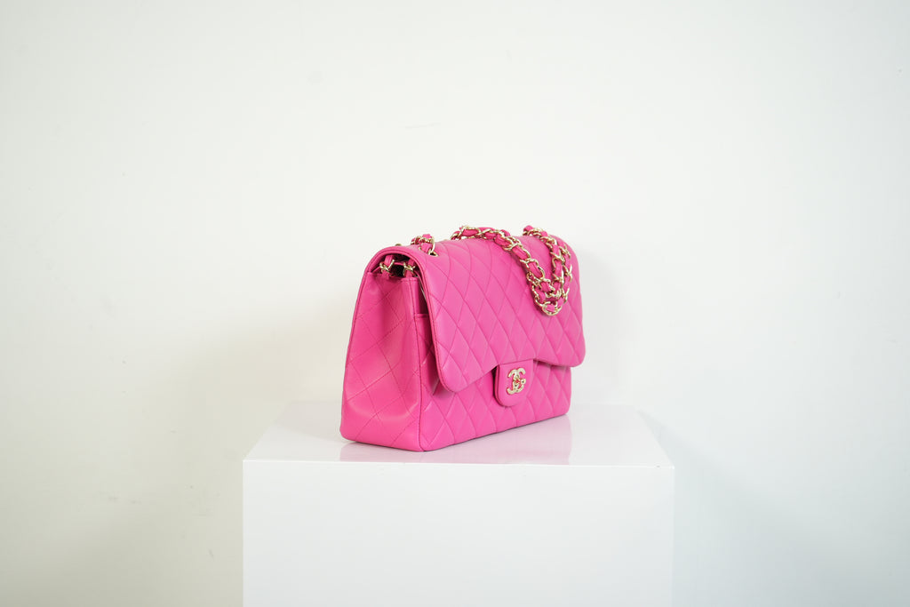 Chanel Hot Pink Quilted Lambskin Classic Double Flap Bag Gold Hardware Medium