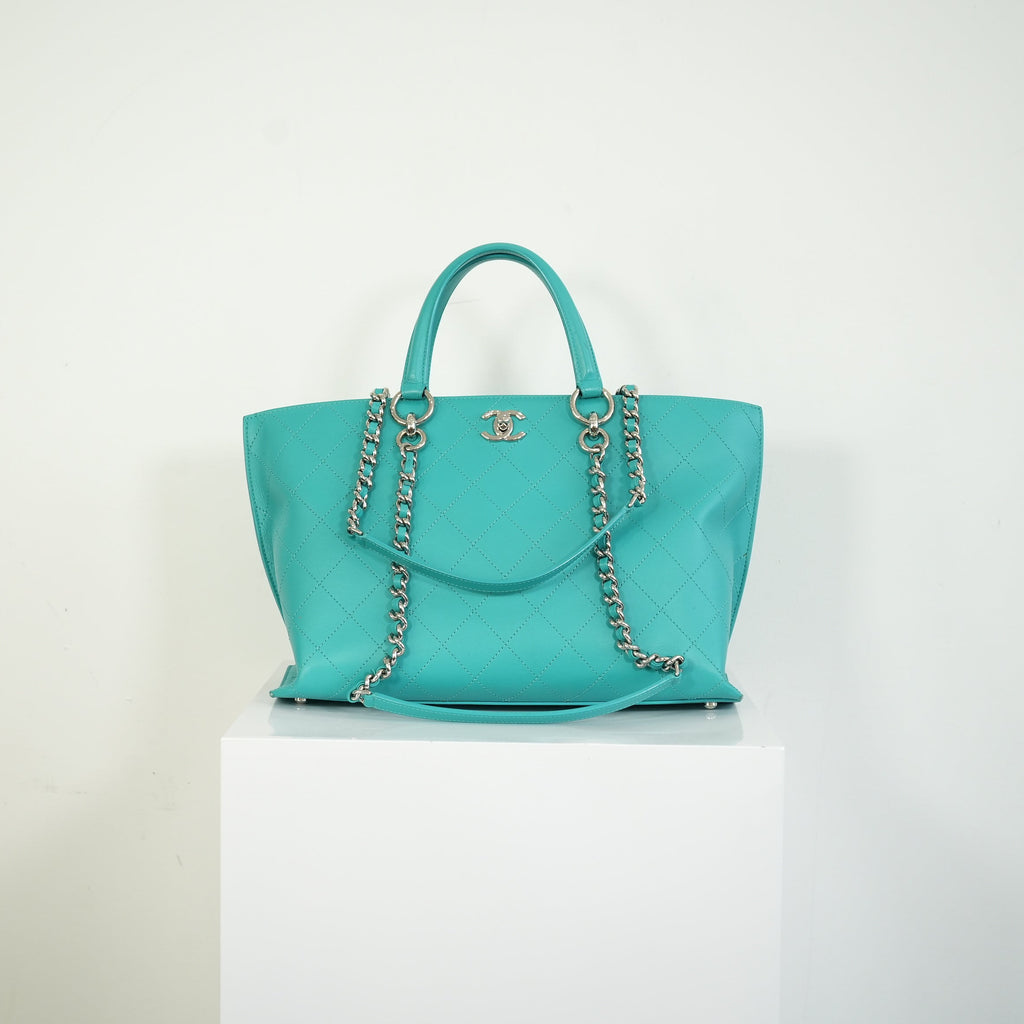 Chanel Turquoise Quilted Leather Shopping Tote Bag Silver Hardware