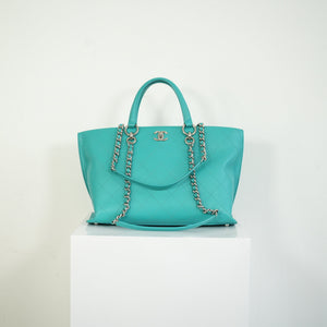 Chanel Turquoise Quilted Leather Shopping Tote Bag Silver Hardware