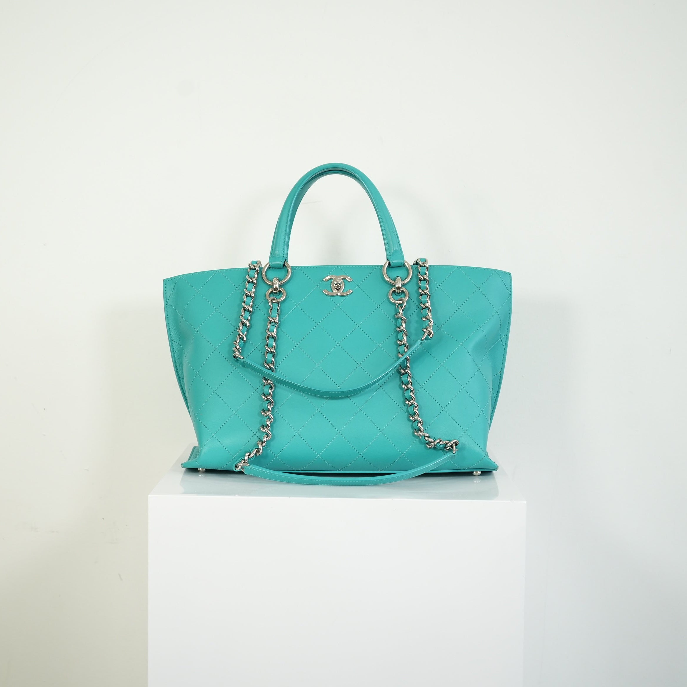 Chanel Turquoise Quilted Leather Shopping Tote Bag Silver Hardware