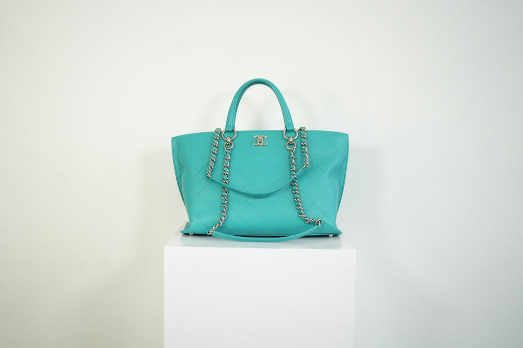 Chanel Turquoise Quilted Leather Shopping Tote Bag Silver Hardware