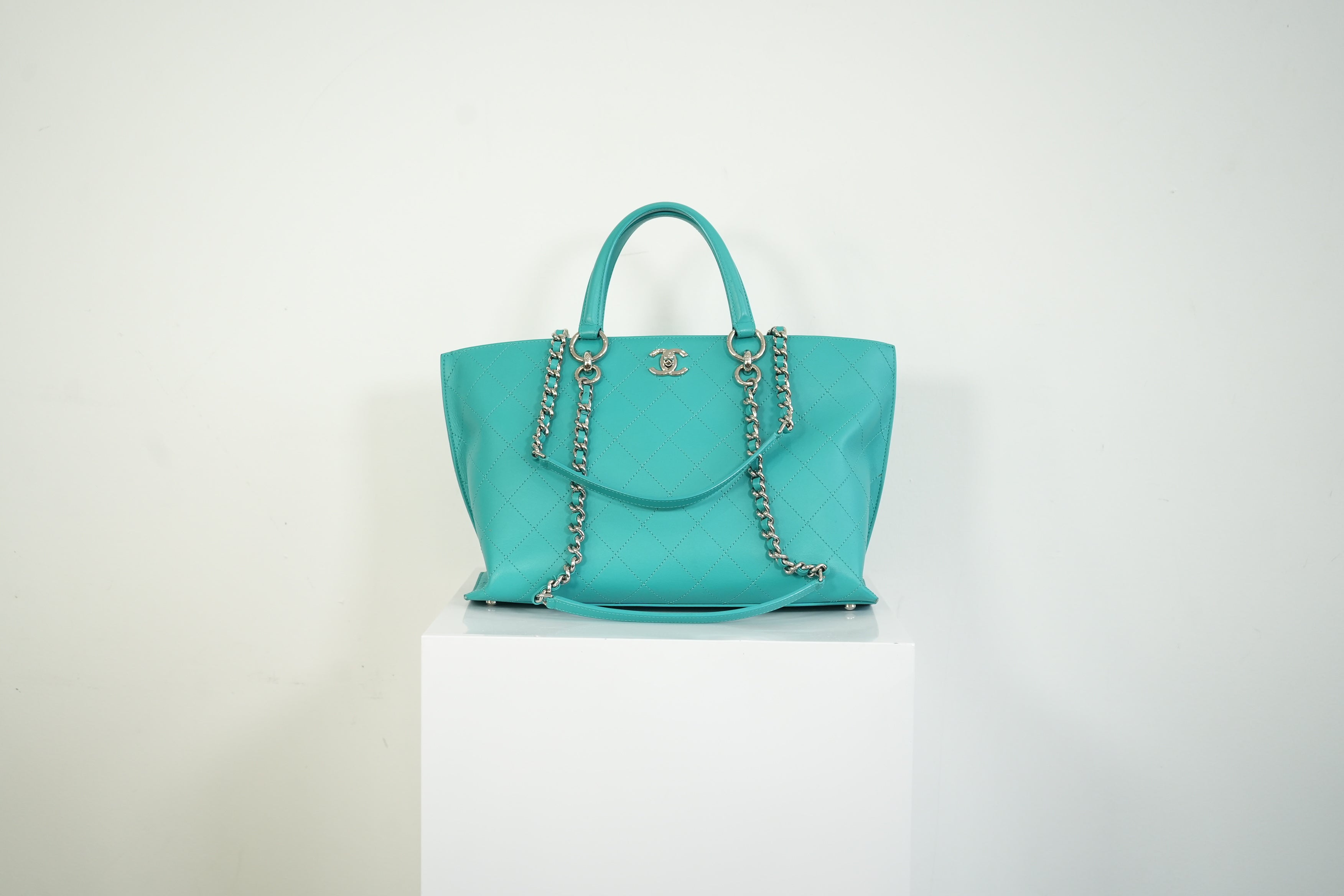 Chanel Turquoise Quilted Leather Shopping Tote Bag Silver Hardware