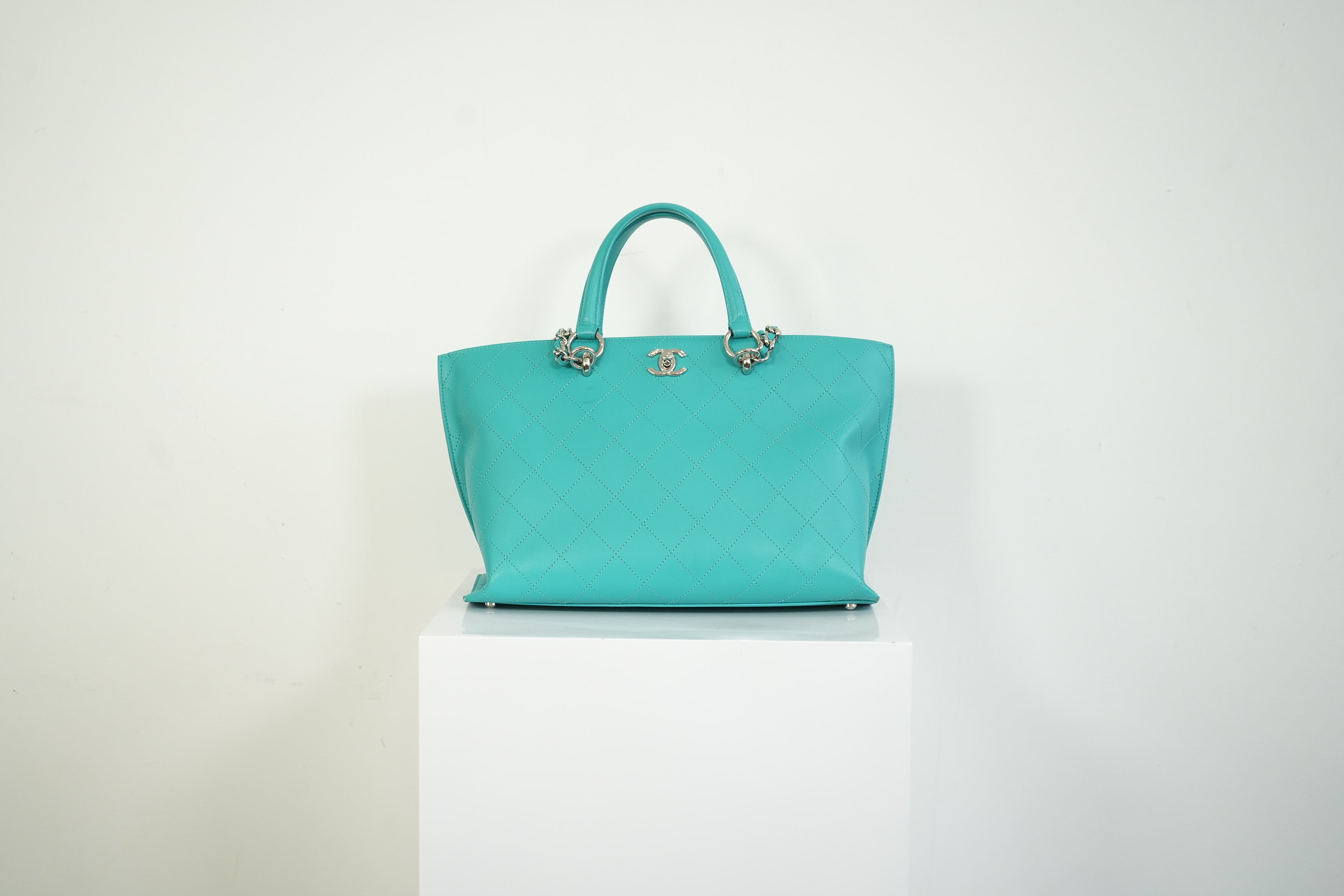 Chanel Turquoise Quilted Leather Shopping Tote Bag Silver Hardware
