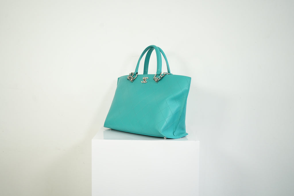 Chanel Turquoise Quilted Leather Shopping Tote Bag Silver Hardware