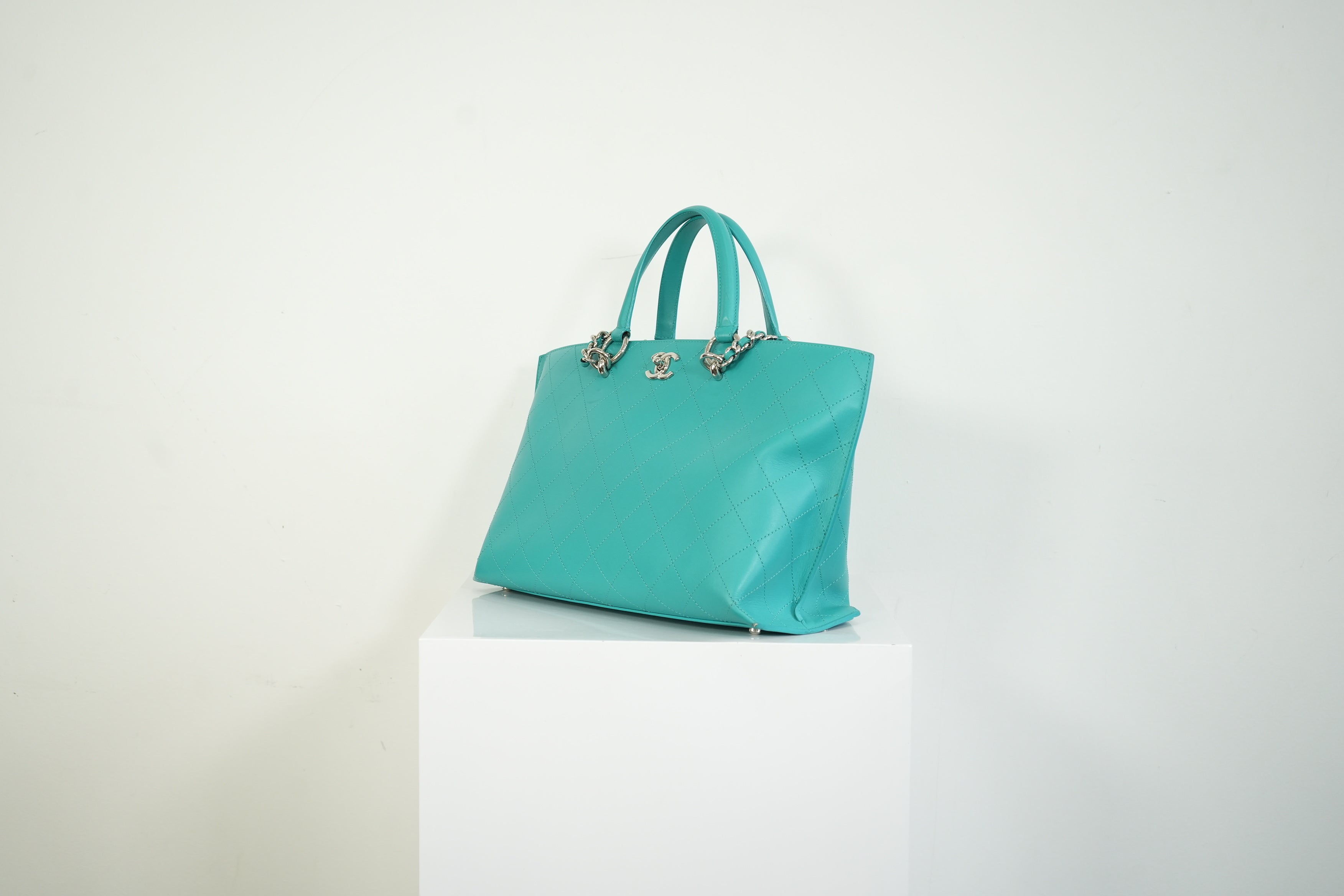 Chanel Turquoise Quilted Leather Shopping Tote Bag Silver Hardware