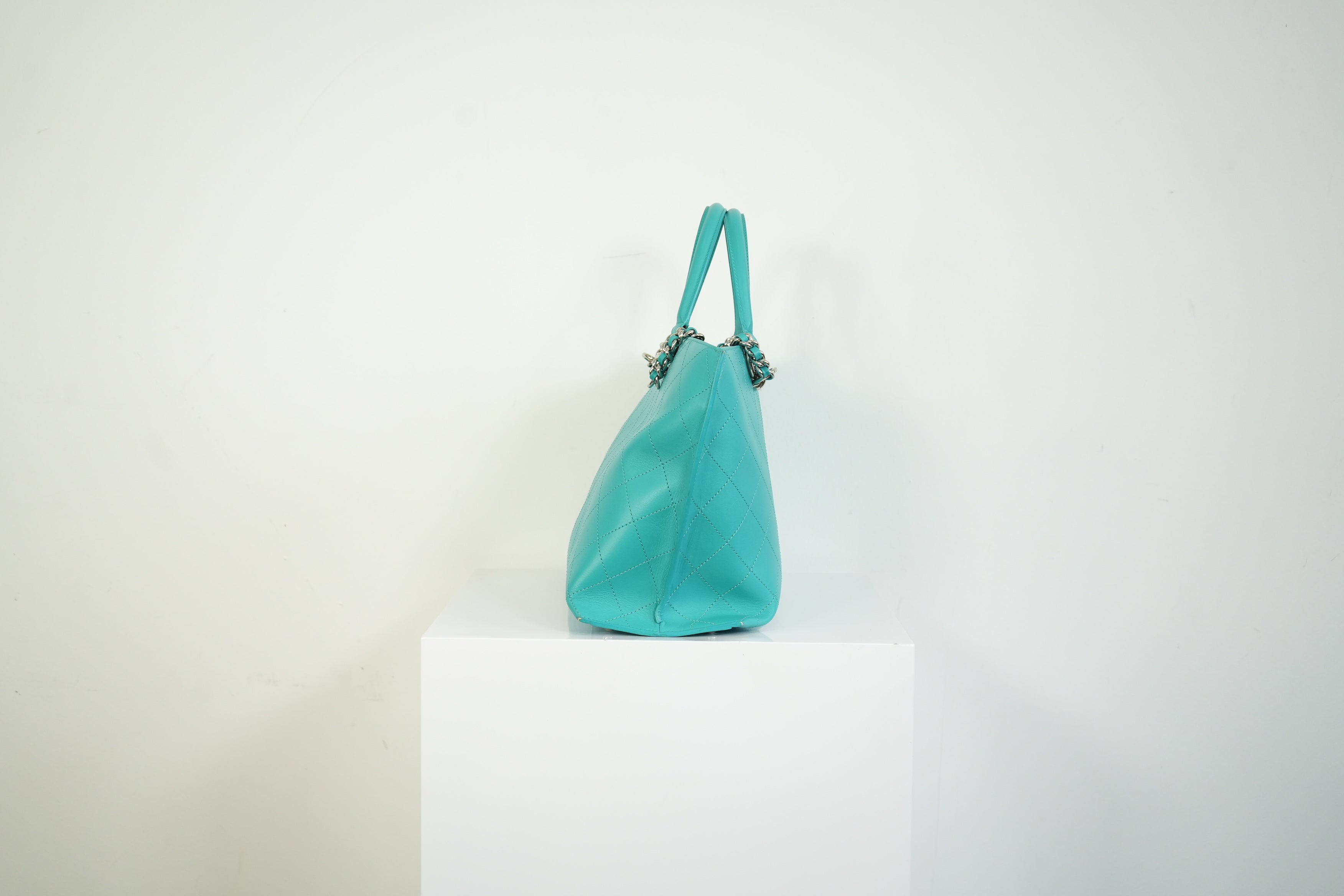 Chanel Turquoise Quilted Leather Shopping Tote Bag Silver Hardware