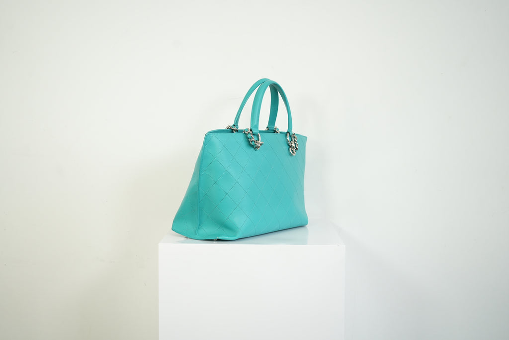 Chanel Turquoise Quilted Leather Shopping Tote Bag Silver Hardware
