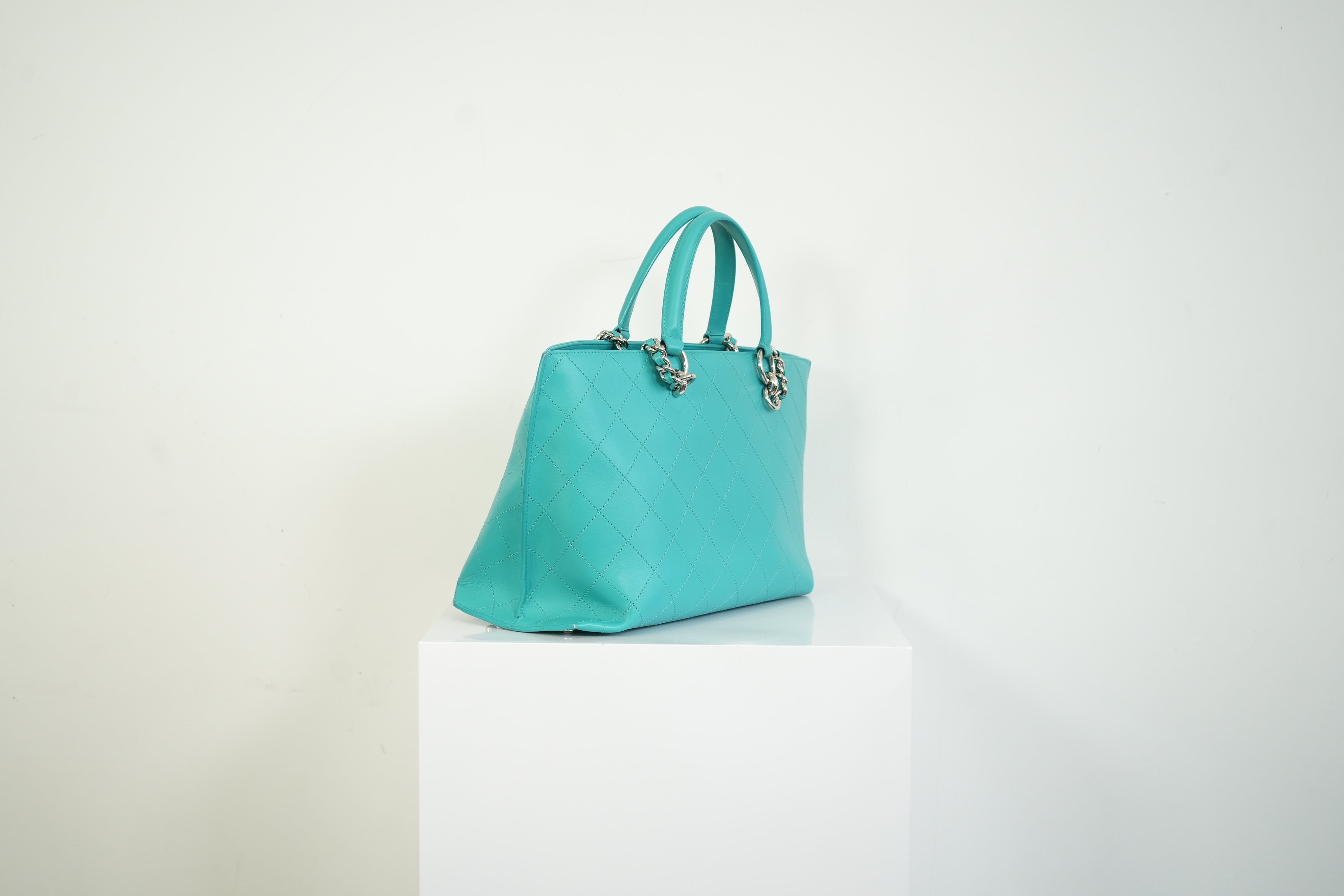 Chanel Turquoise Quilted Leather Shopping Tote Bag Silver Hardware