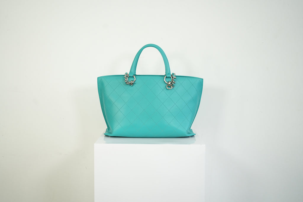 Chanel Turquoise Quilted Leather Shopping Tote Bag Silver Hardware