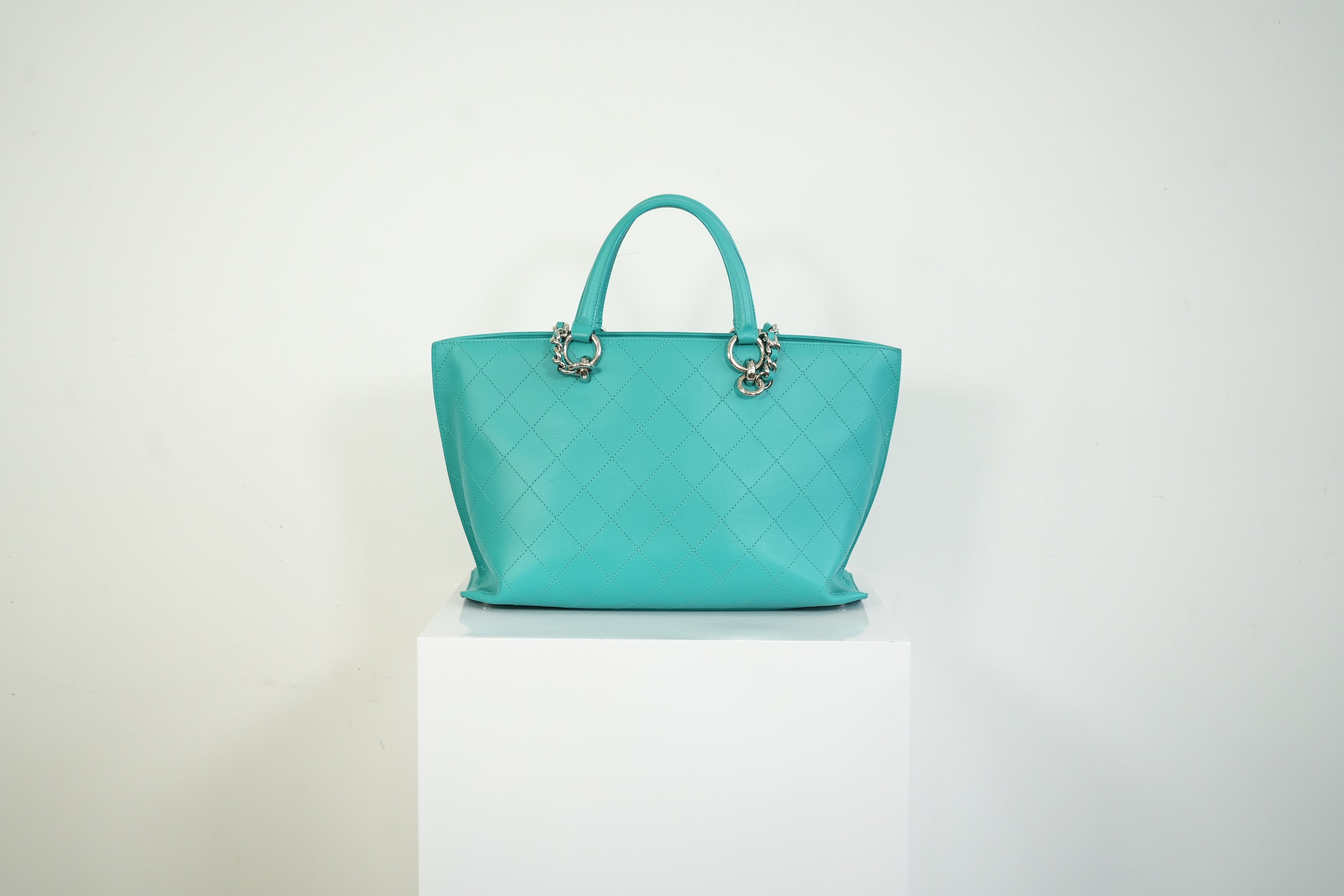 Chanel Turquoise Quilted Leather Shopping Tote Bag Silver Hardware