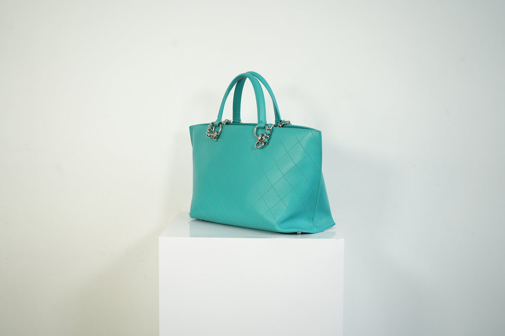 Chanel Turquoise Quilted Leather Shopping Tote Bag Silver Hardware