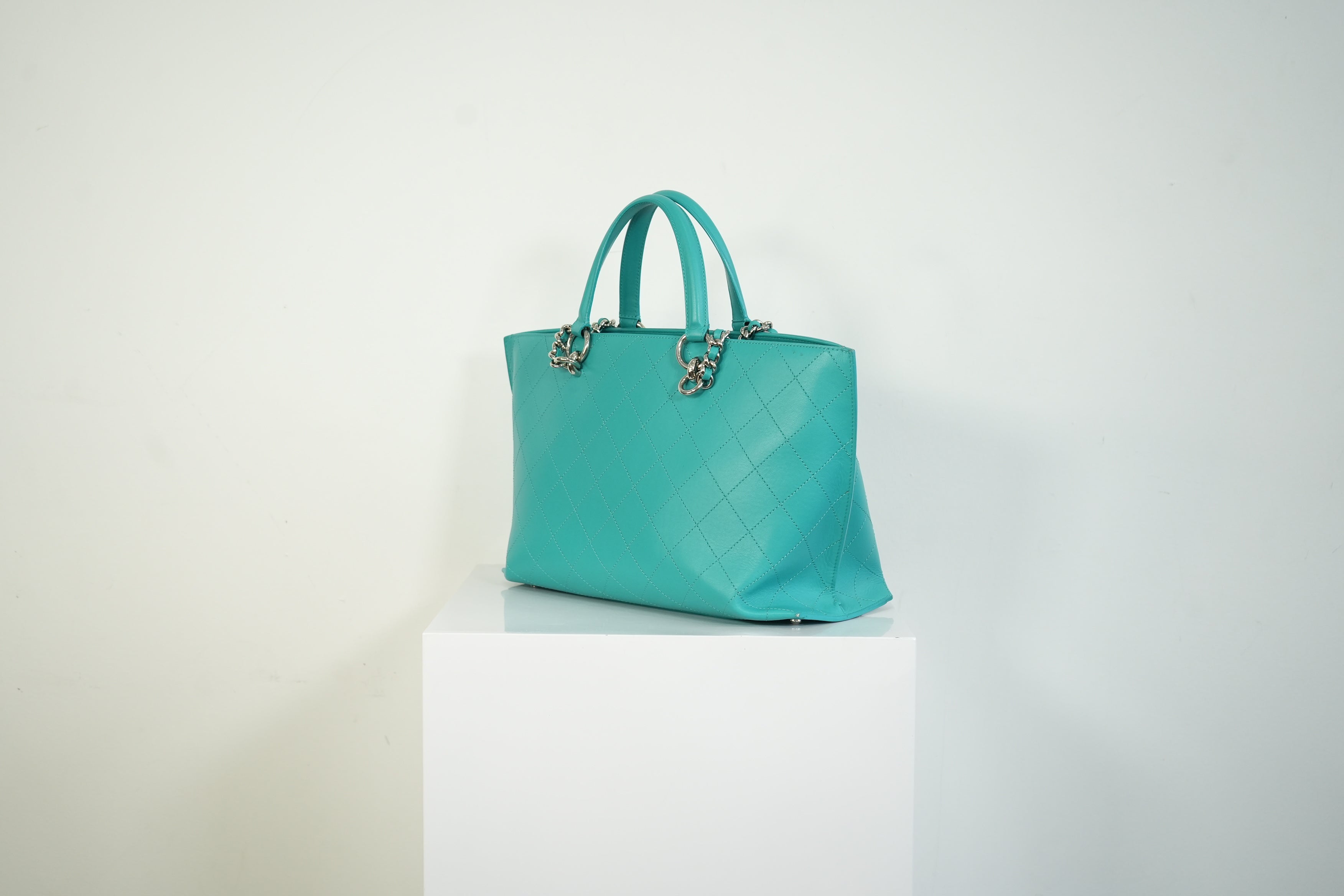 Chanel Turquoise Quilted Leather Shopping Tote Bag Silver Hardware