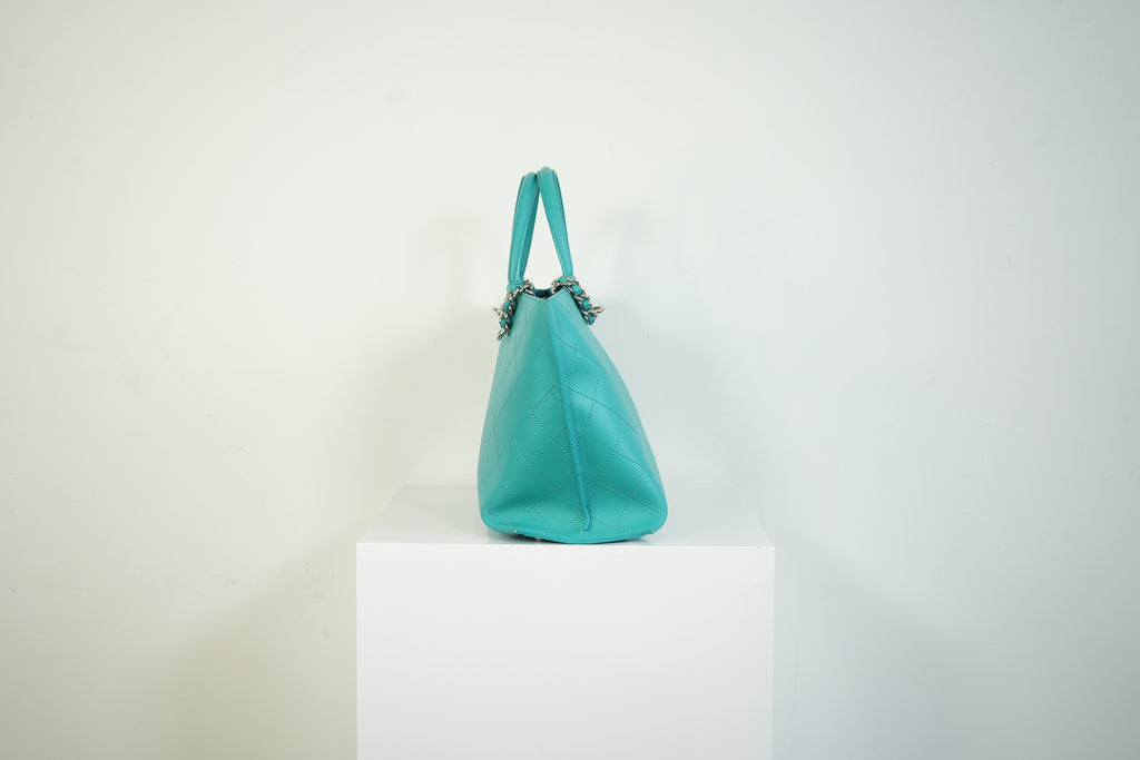 Chanel Turquoise Quilted Leather Shopping Tote Bag Silver Hardware
