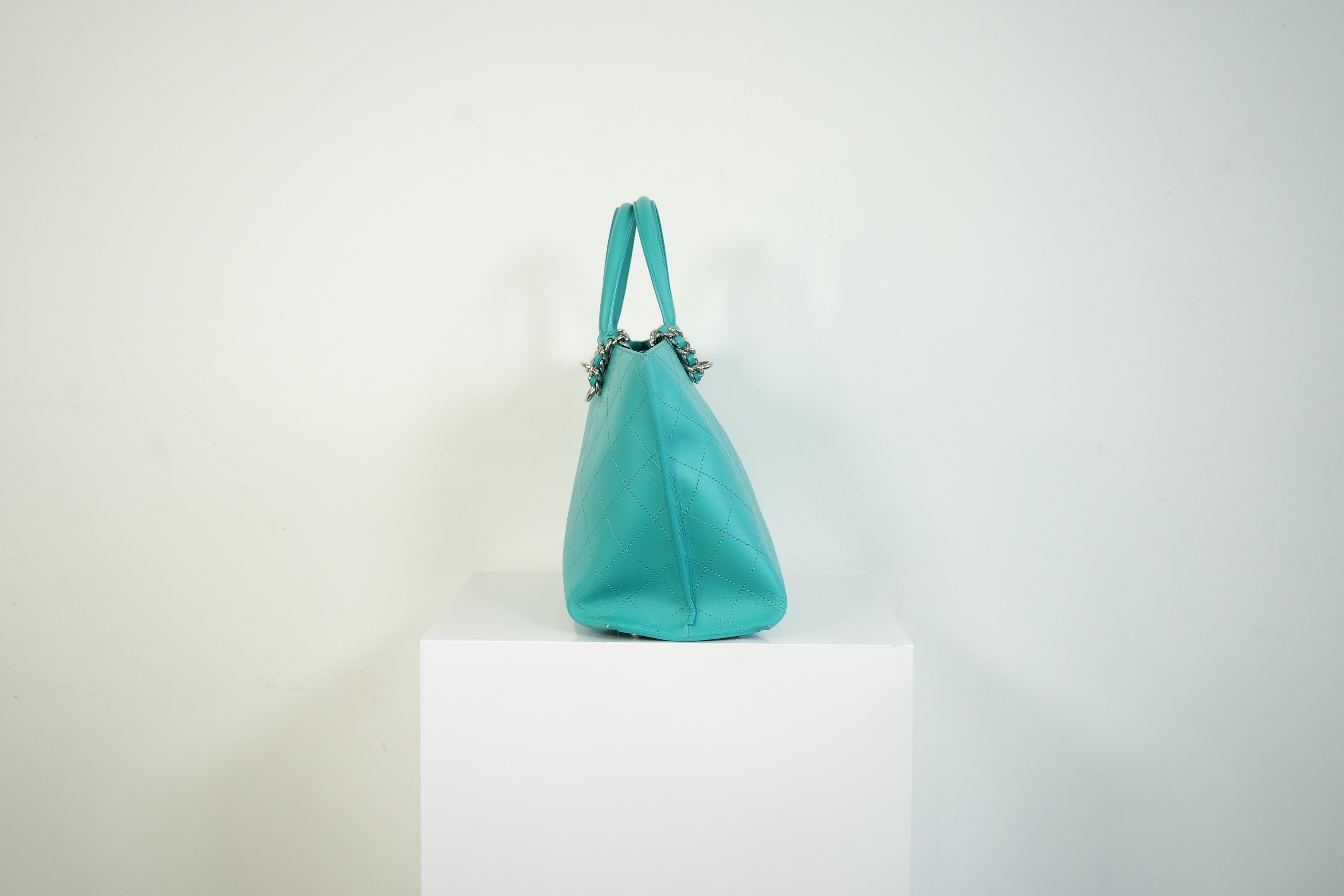 Chanel Turquoise Quilted Leather Shopping Tote Bag Silver Hardware