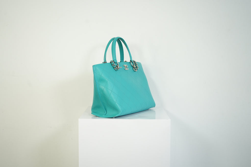 Chanel Turquoise Quilted Leather Shopping Tote Bag Silver Hardware