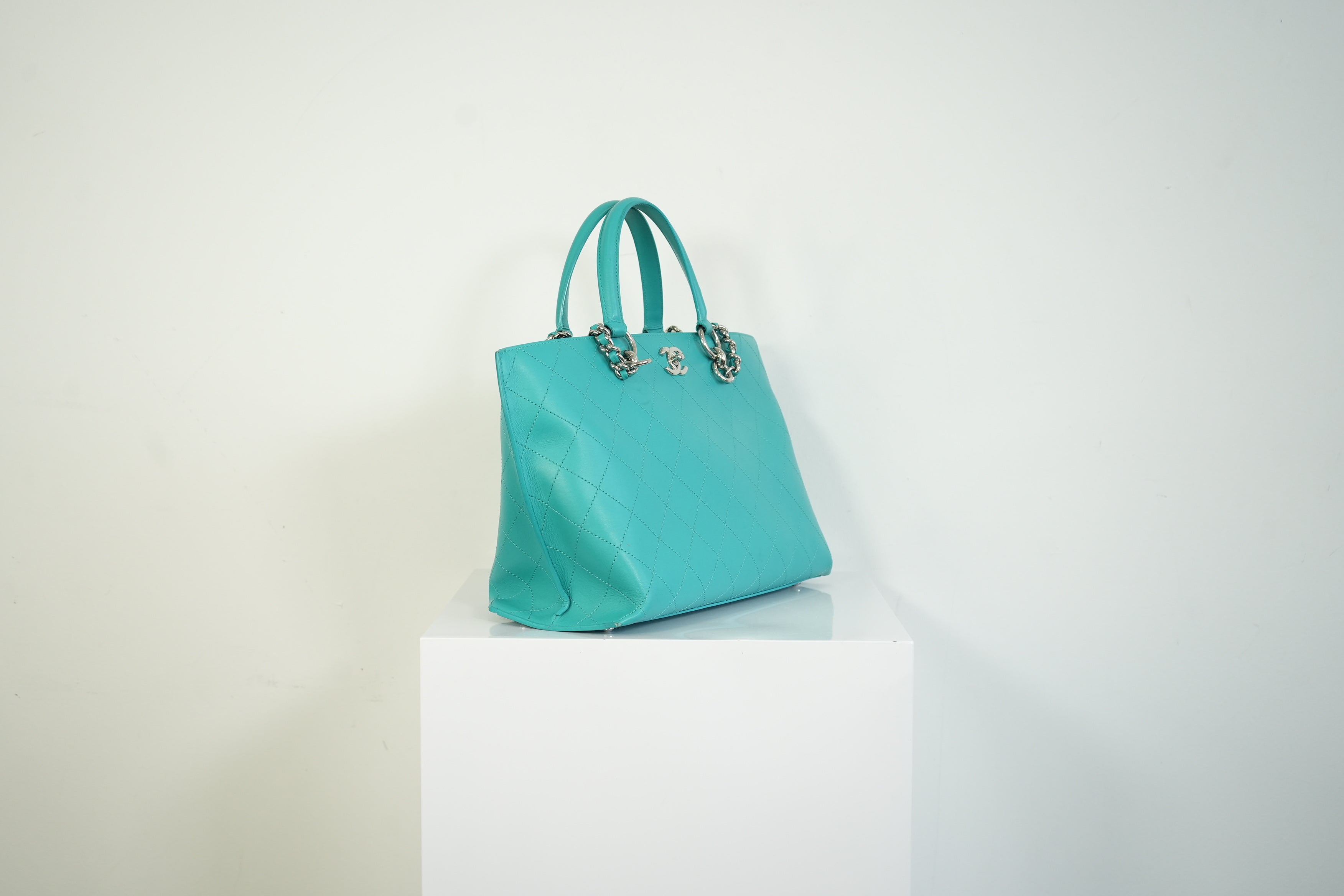 Chanel Turquoise Quilted Leather Shopping Tote Bag Silver Hardware