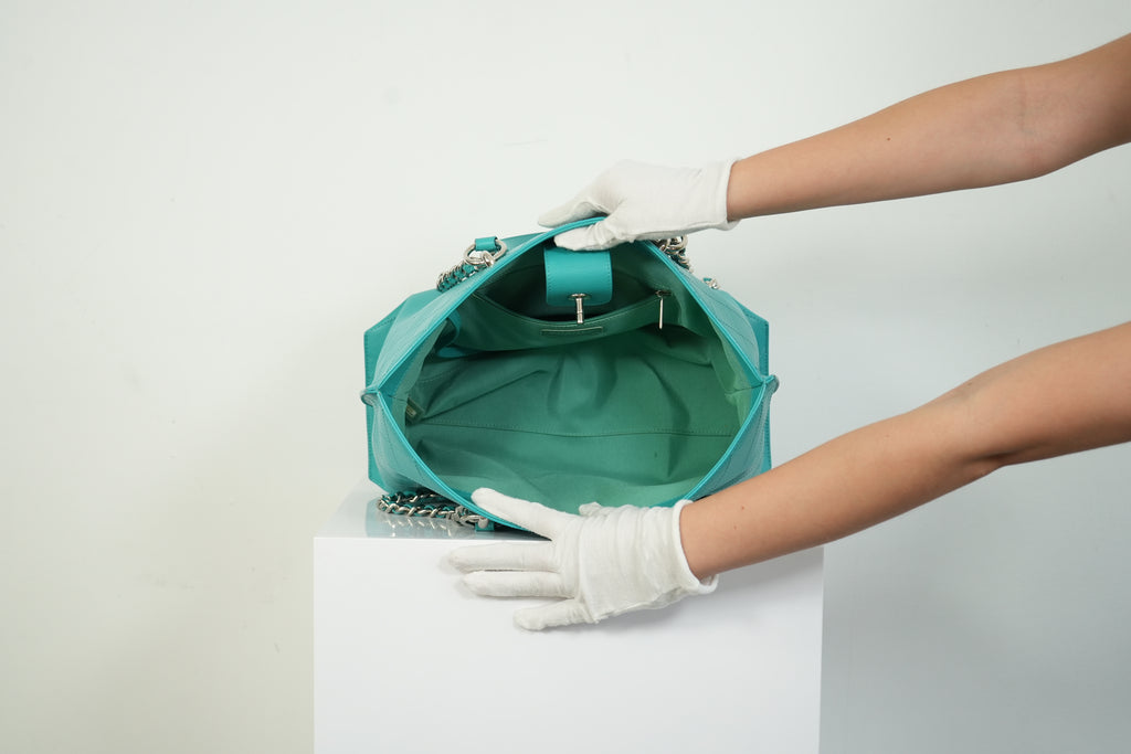 Chanel Turquoise Quilted Leather Shopping Tote Bag Silver Hardware