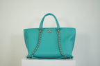 Chanel Turquoise Quilted Leather Shopping Tote Bag Silver Hardware