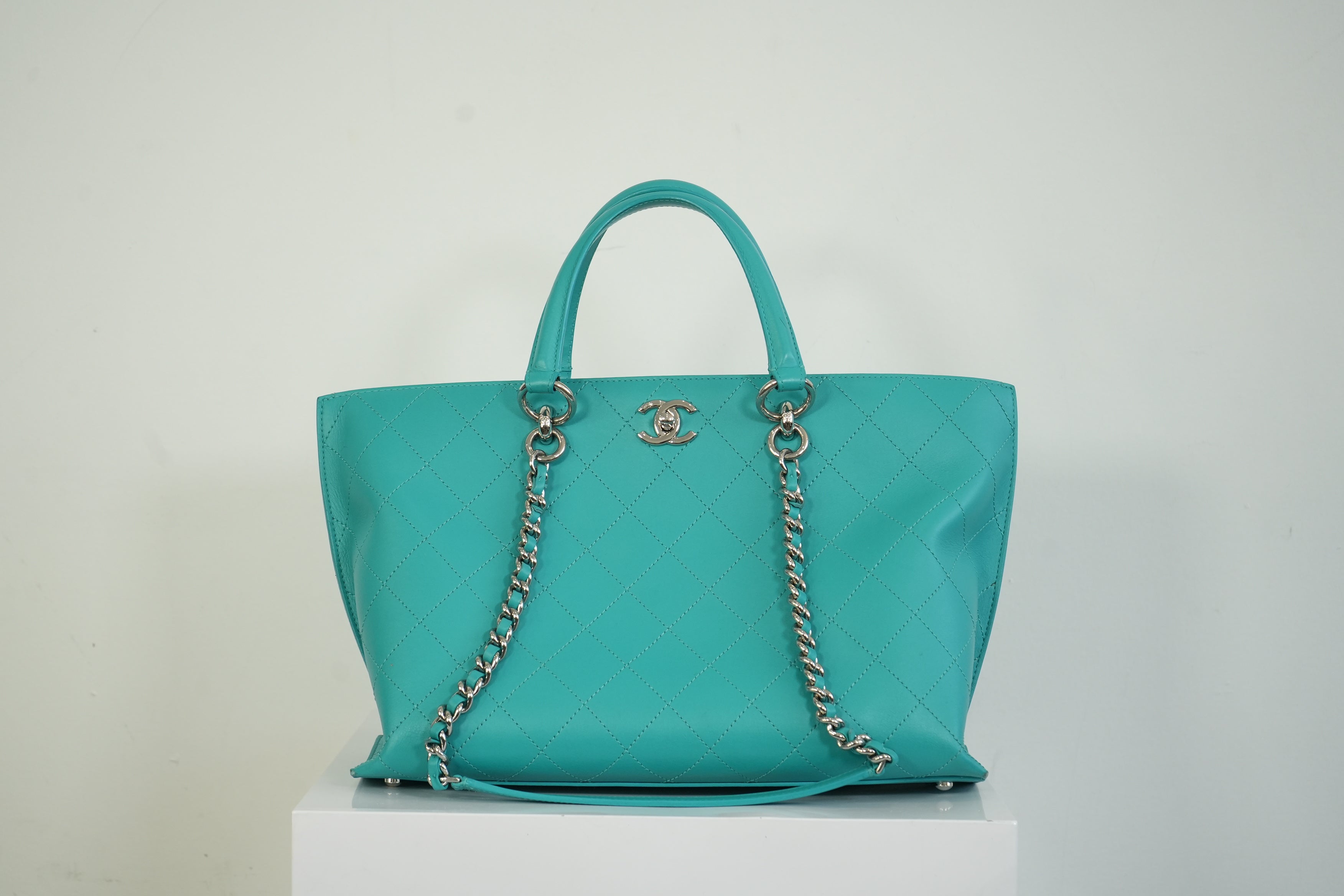 Chanel Turquoise Quilted Leather Shopping Tote Bag Silver Hardware