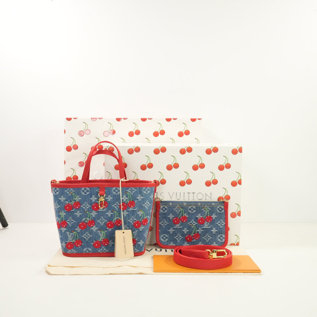 Louis Vuitton x Takashi Murakami Monogram Denim Cerises Neverfull Inside Out BB , Full Set W/Bag