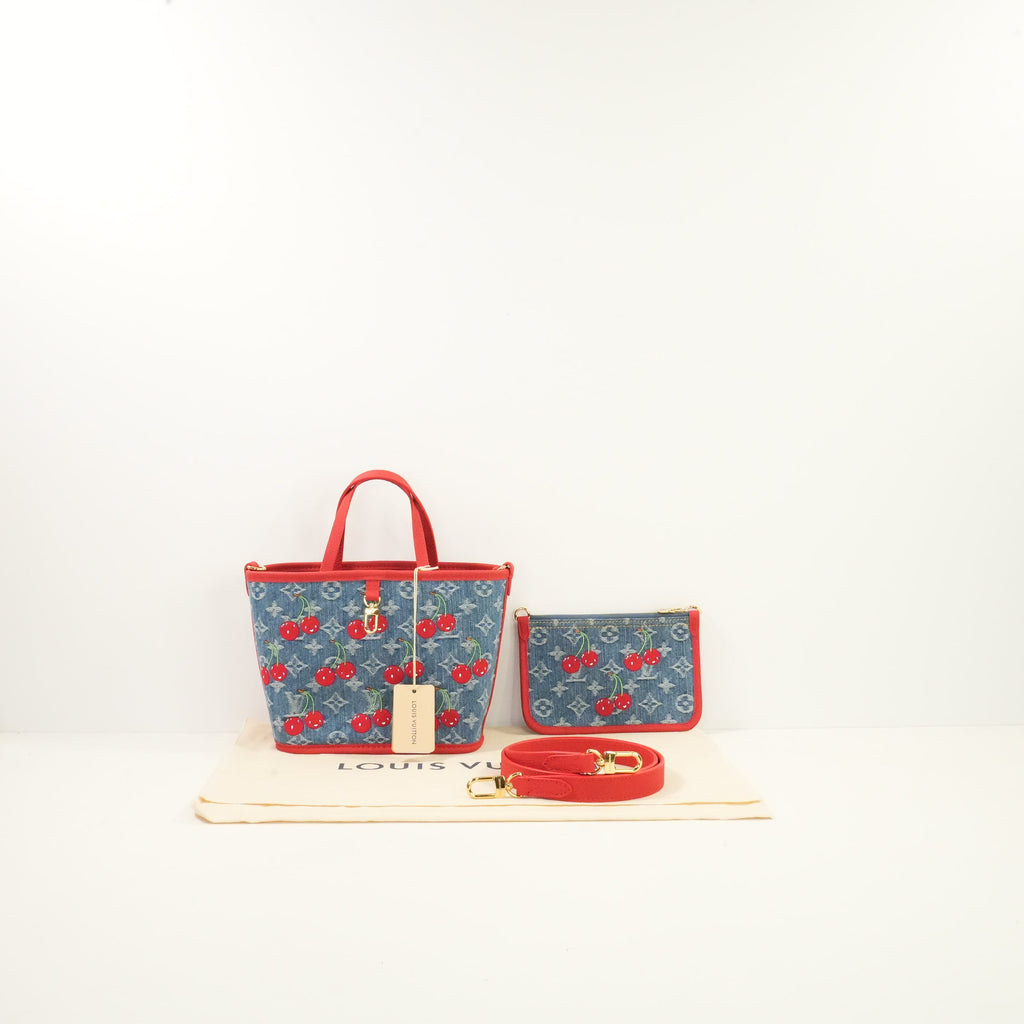 Louis Vuitton x Takashi Murakami Monogram Denim Cerises Neverfull Inside Out BB , Full Set W/Bag
