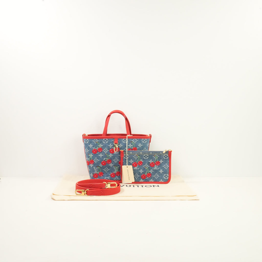 Louis Vuitton x Takashi Murakami Monogram Denim Cerises Neverfull Inside Out BB , Full Set W/Bag