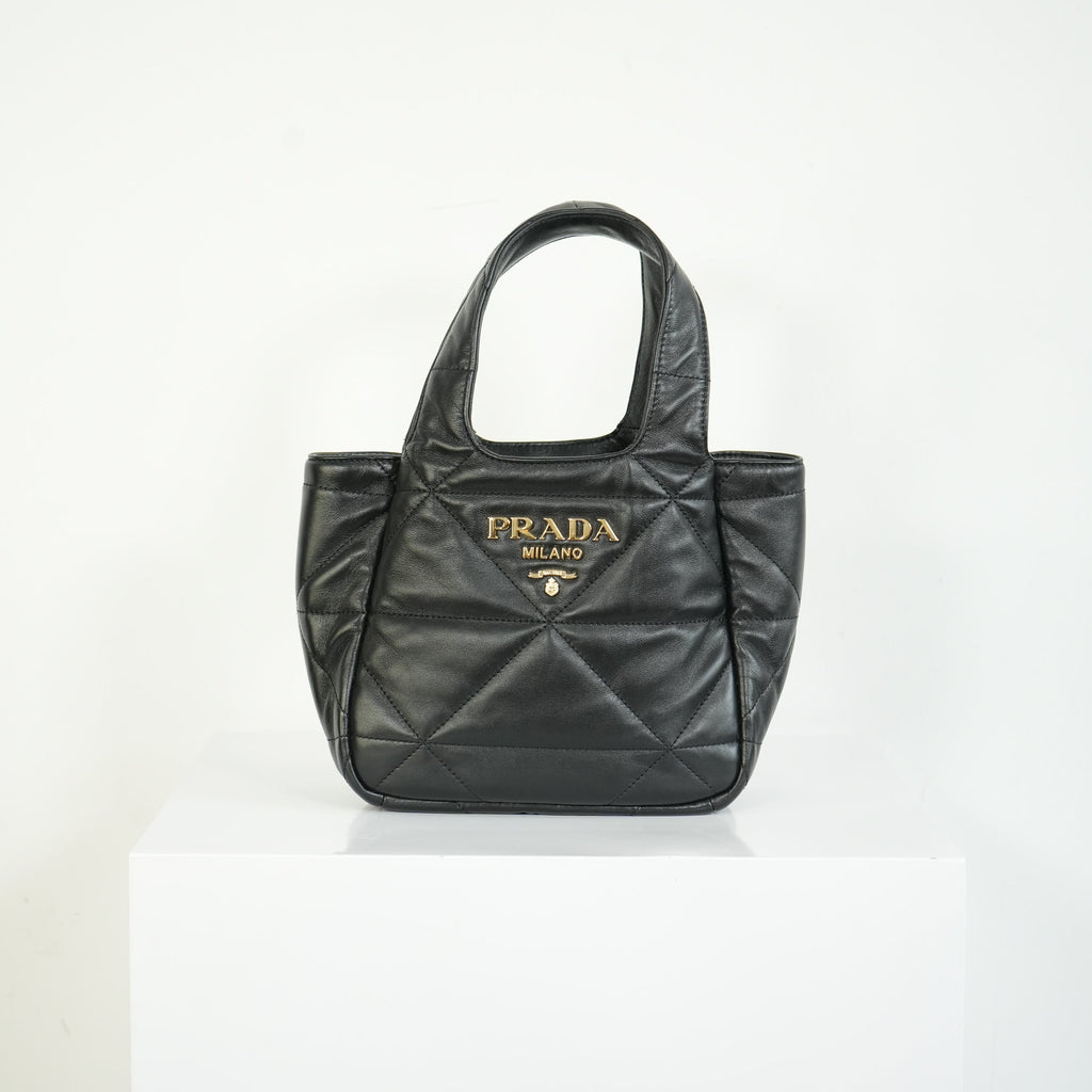 Prada Black Padded Nappa Leather Tote Bag Gold Logo Handbag