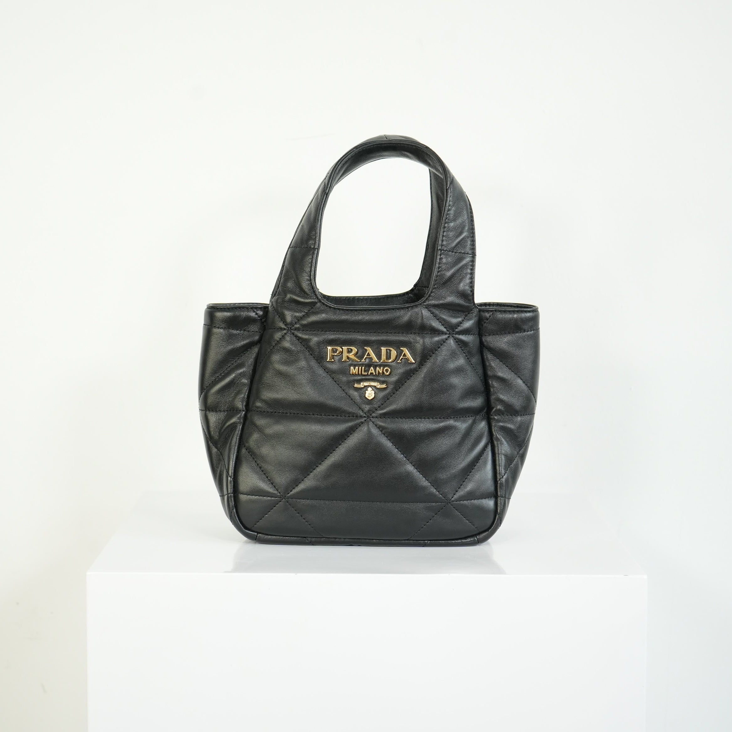 Prada Black Padded Nappa Leather Tote Bag Gold Logo Handbag