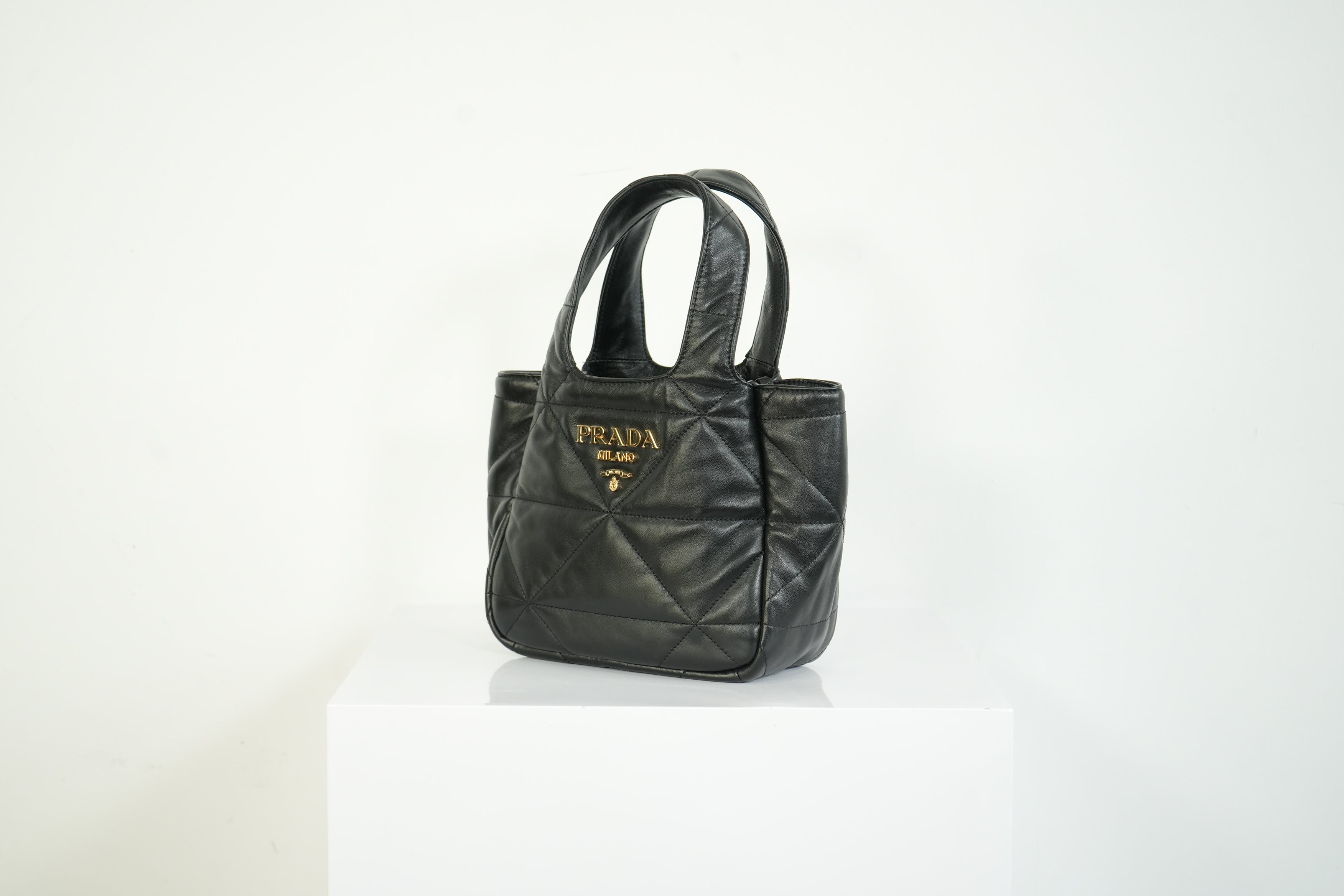 Prada Black Padded Nappa Leather Tote Bag Gold Logo Handbag