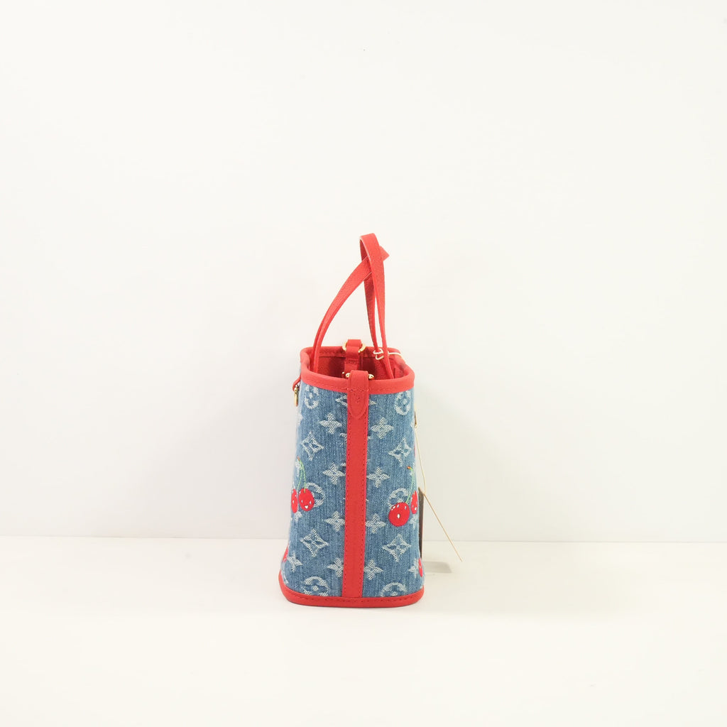 Louis Vuitton x Takashi Murakami Monogram Denim Cerises Neverfull Inside Out BB , Full Set W/Bag