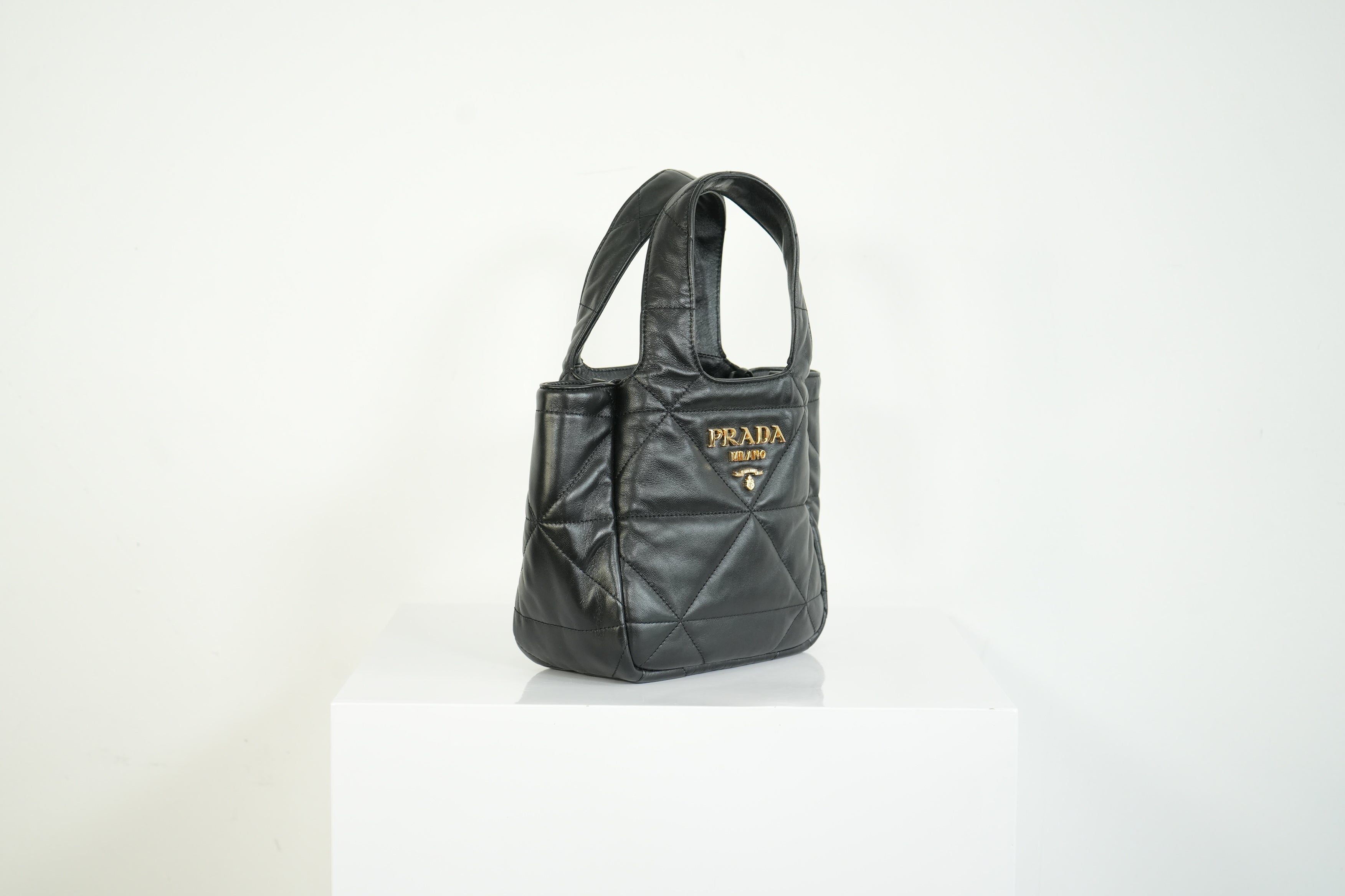 Prada Black Padded Nappa Leather Tote Bag Gold Logo Handbag